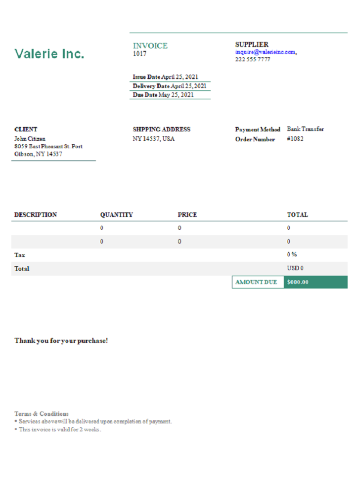 USA Valerie Inc. invoice PSD template